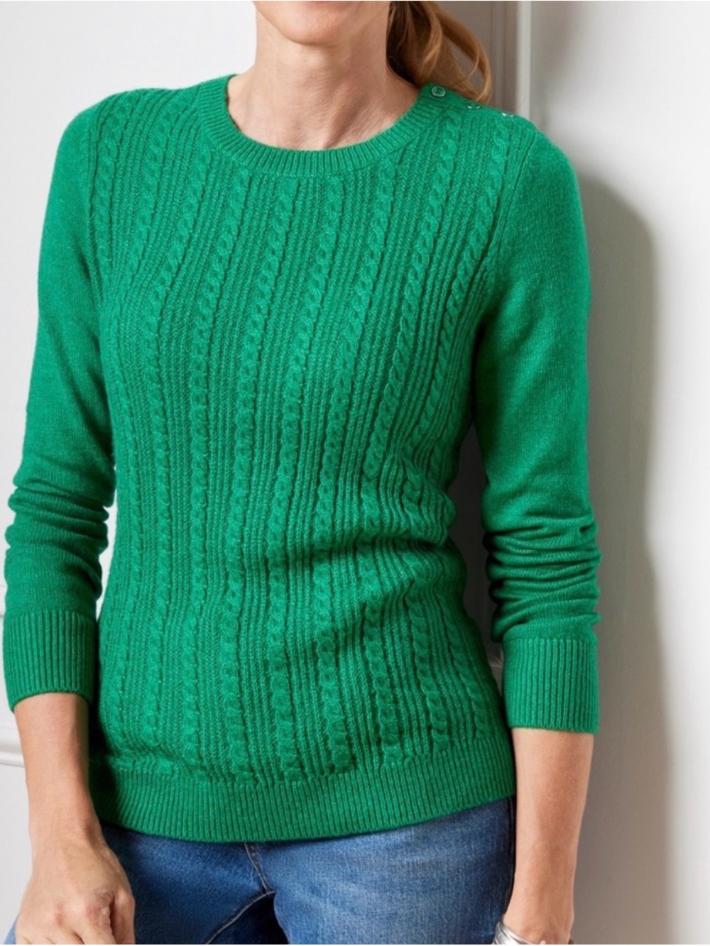 Talbots Womens Green Cable-Knit Crewneck Sweater Sz S